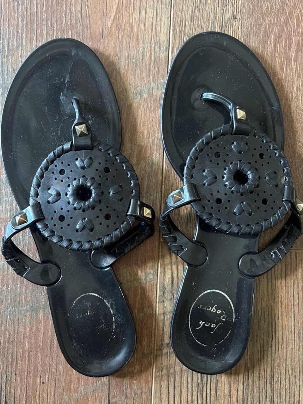 Jack Rogers Black Leather Decorative Toe-Post Sandals